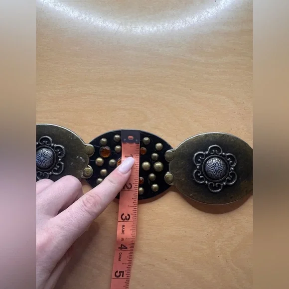 Y2K Studded Leather Western Concho Belt Amber Rhinestones Croc Embossed - Picture 7 of 9